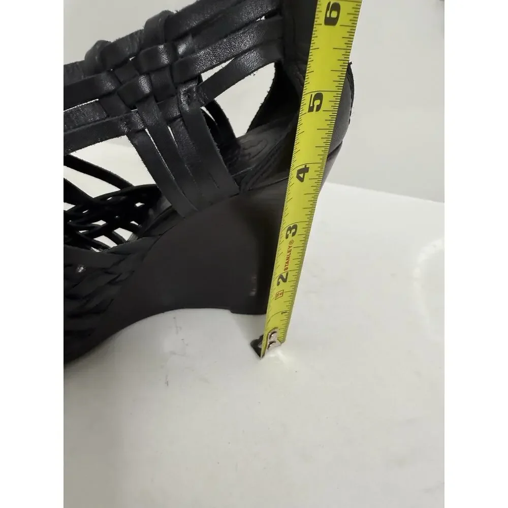 Tory Burch Tevray Huarache Black Wedge Strappy Leather Sandals Women's Size 9
